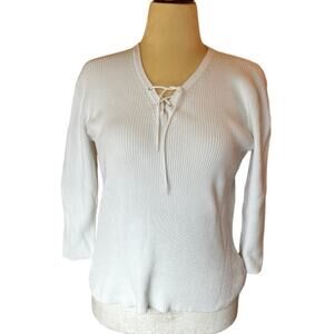 Lauren Ralph Lauren White Ribbed V-Neck 3/4 Sleeve Lace Up Sweater - Large